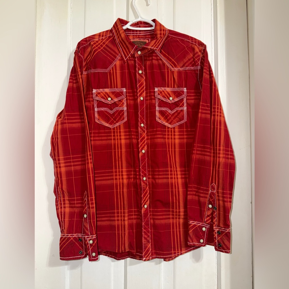 Men's BKE Vintage Red and Orange Plaid Button Down‎ Shirt size large western